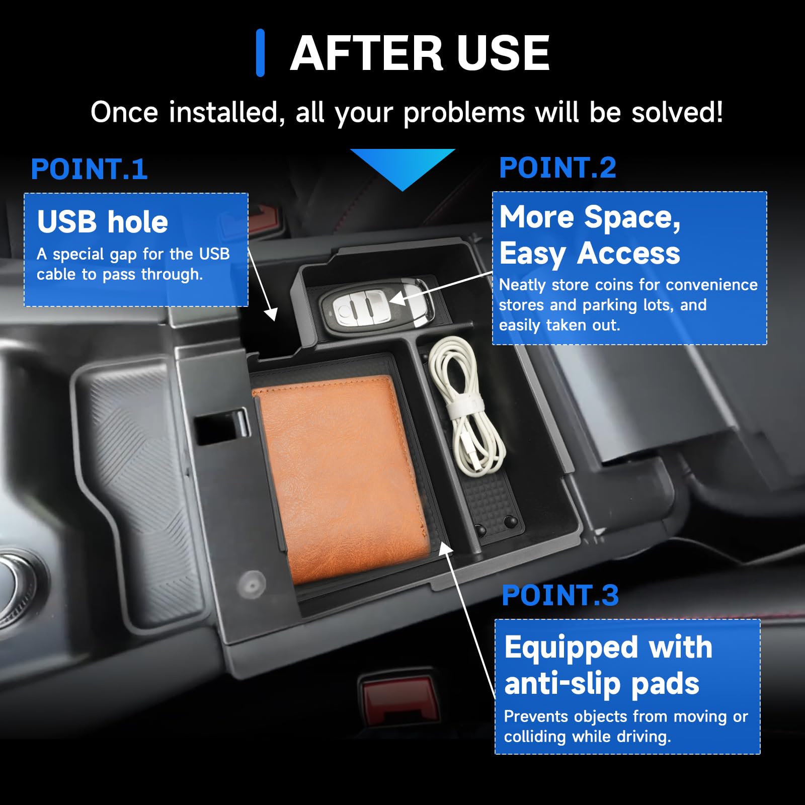 SXCY side profile showing tray fitted into 2025–2027 Explorer console for perfect fit