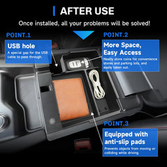 SXCY side profile showing tray fitted into 2025–2027 Explorer console for perfect fit