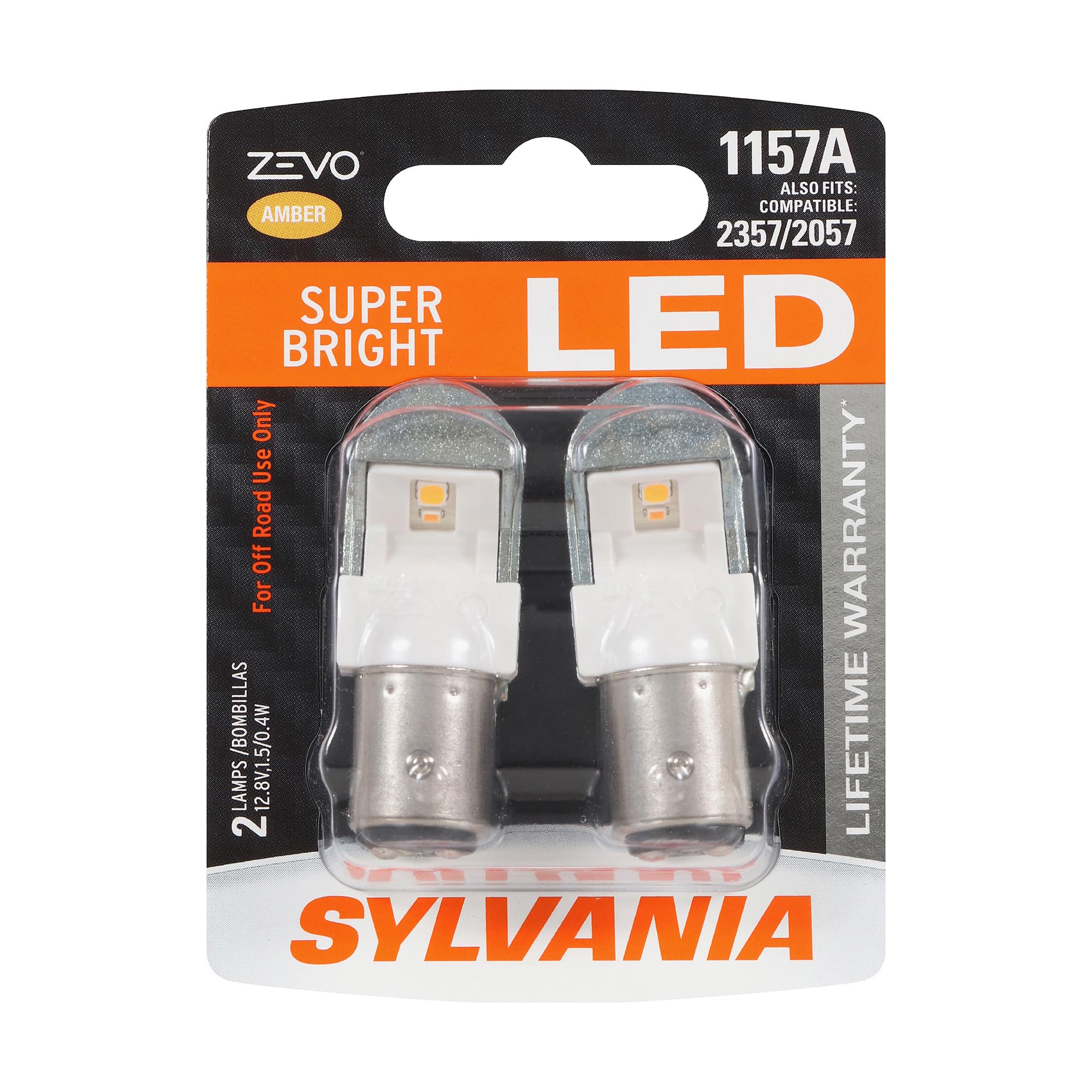 SYLVANIA 1157 ZEVO LED amber two-bulb pack showing packaging and bulbs, easy upgrade