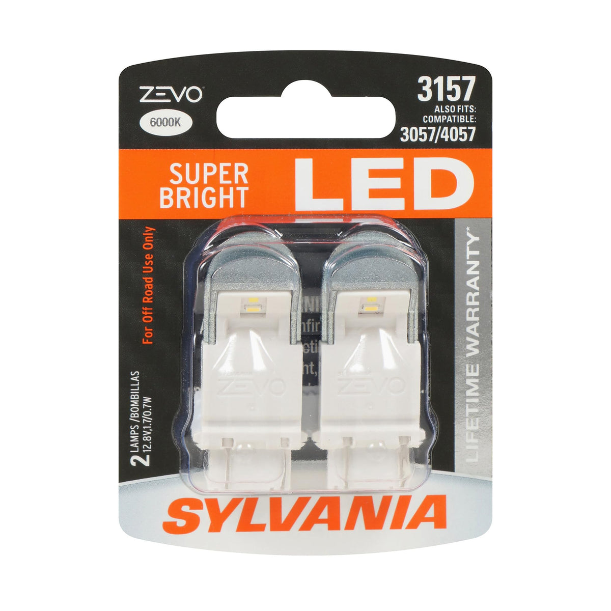 SYLVANIA 3157 ZEVO front view showing bulb shape and bright white light benefit