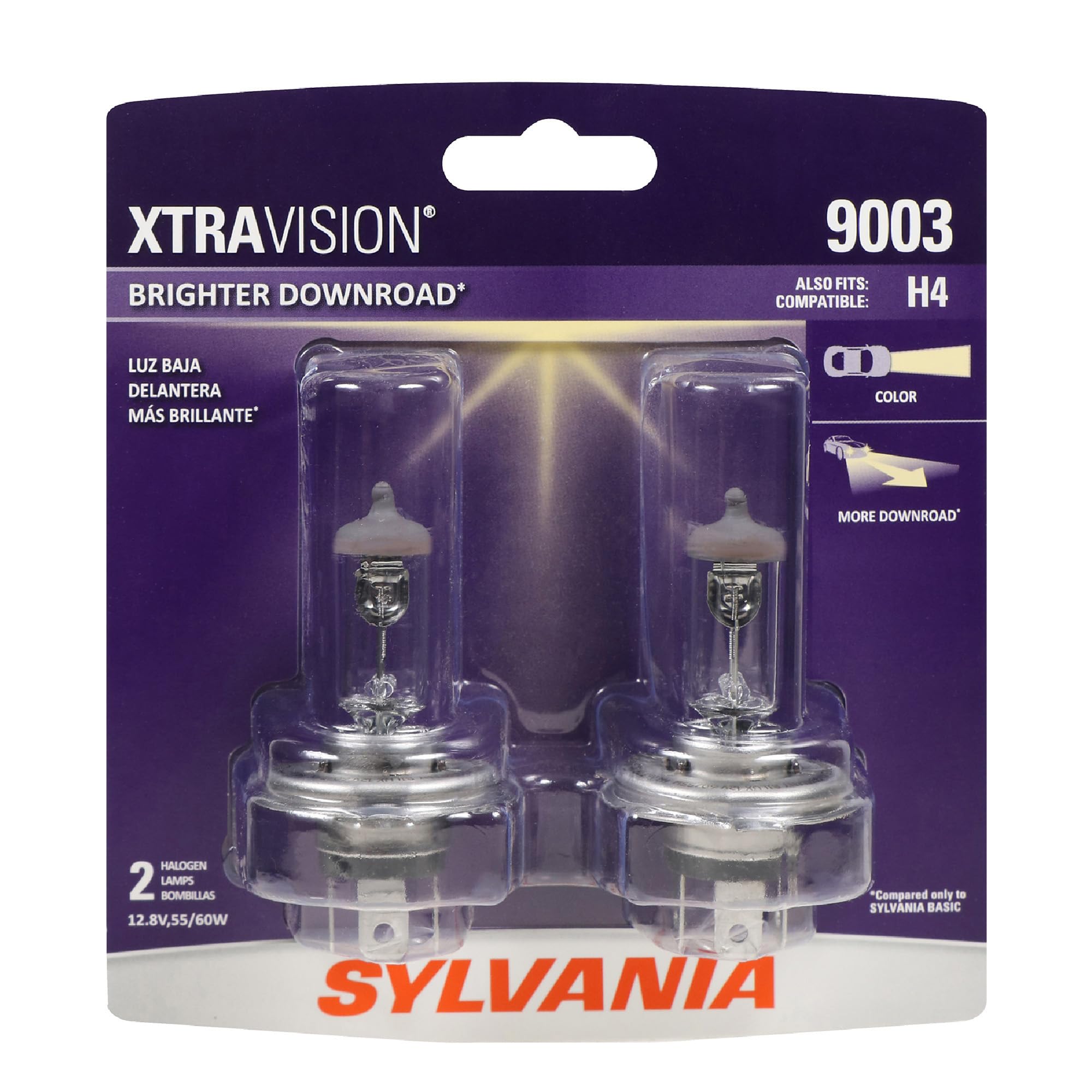 SYLVANIA 9003 front packaging showing product and two-bulb pack for easy replacement