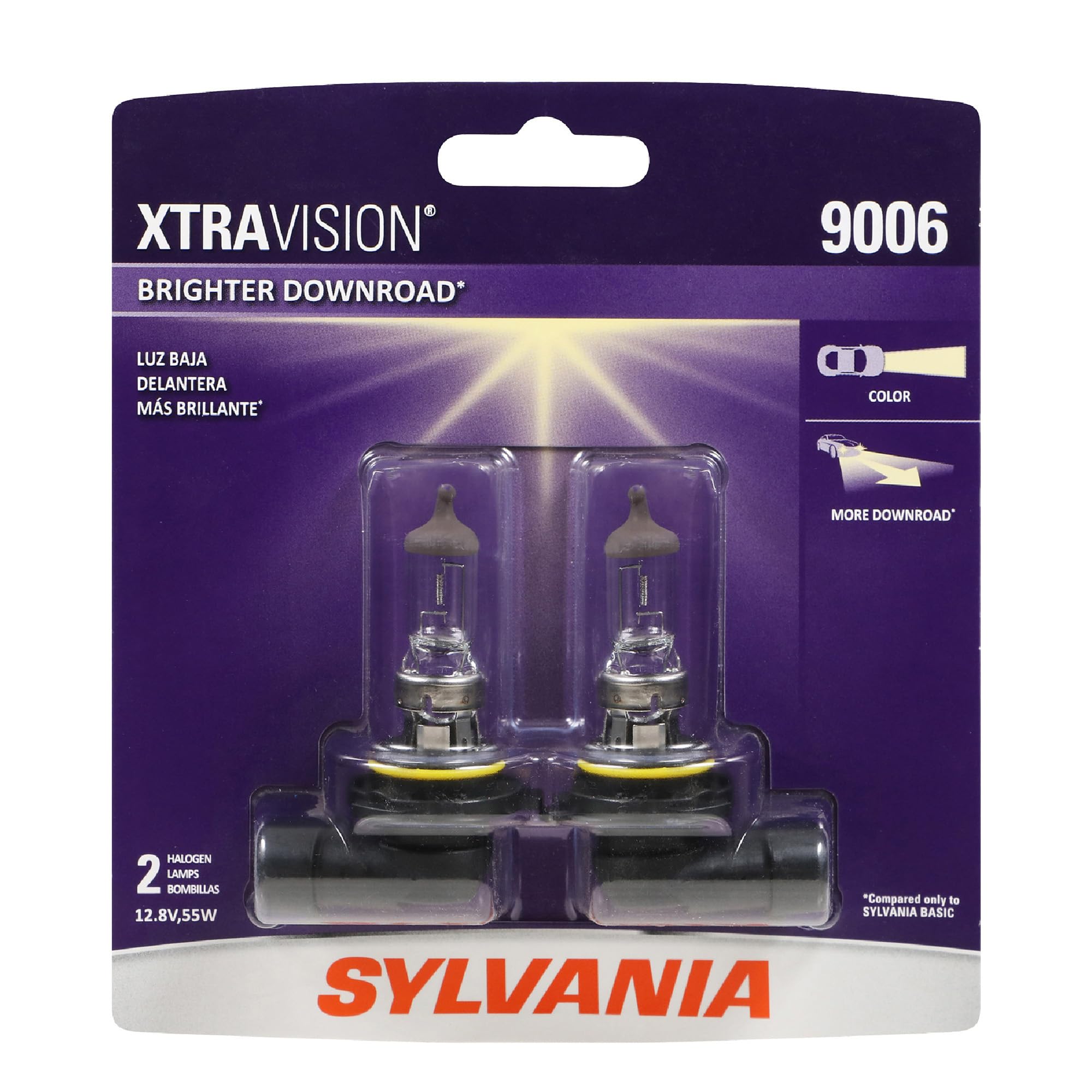 SYLVANIA 9006 XtraVision front packaging showing two bulbs and benefits
