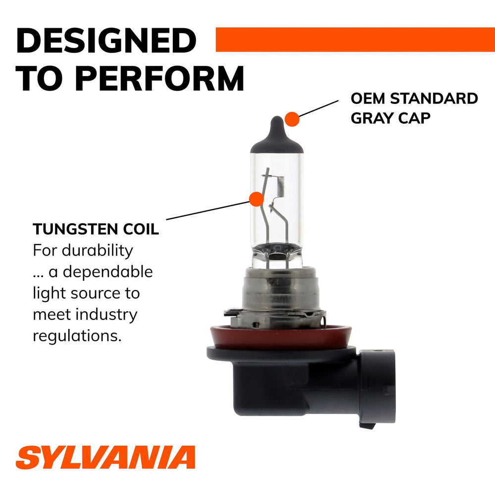 SYLVANIA H11 beside a coin showing compact size for easy fitment