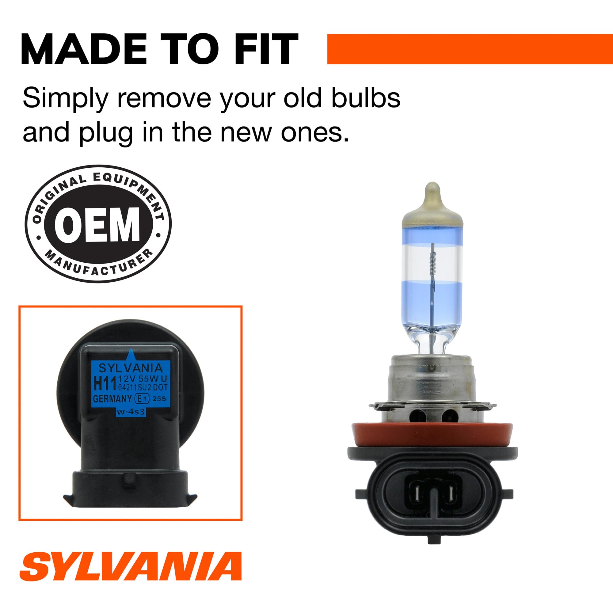 SYLVANIA H11 glass detail showing coating for whiter light and improved contrast