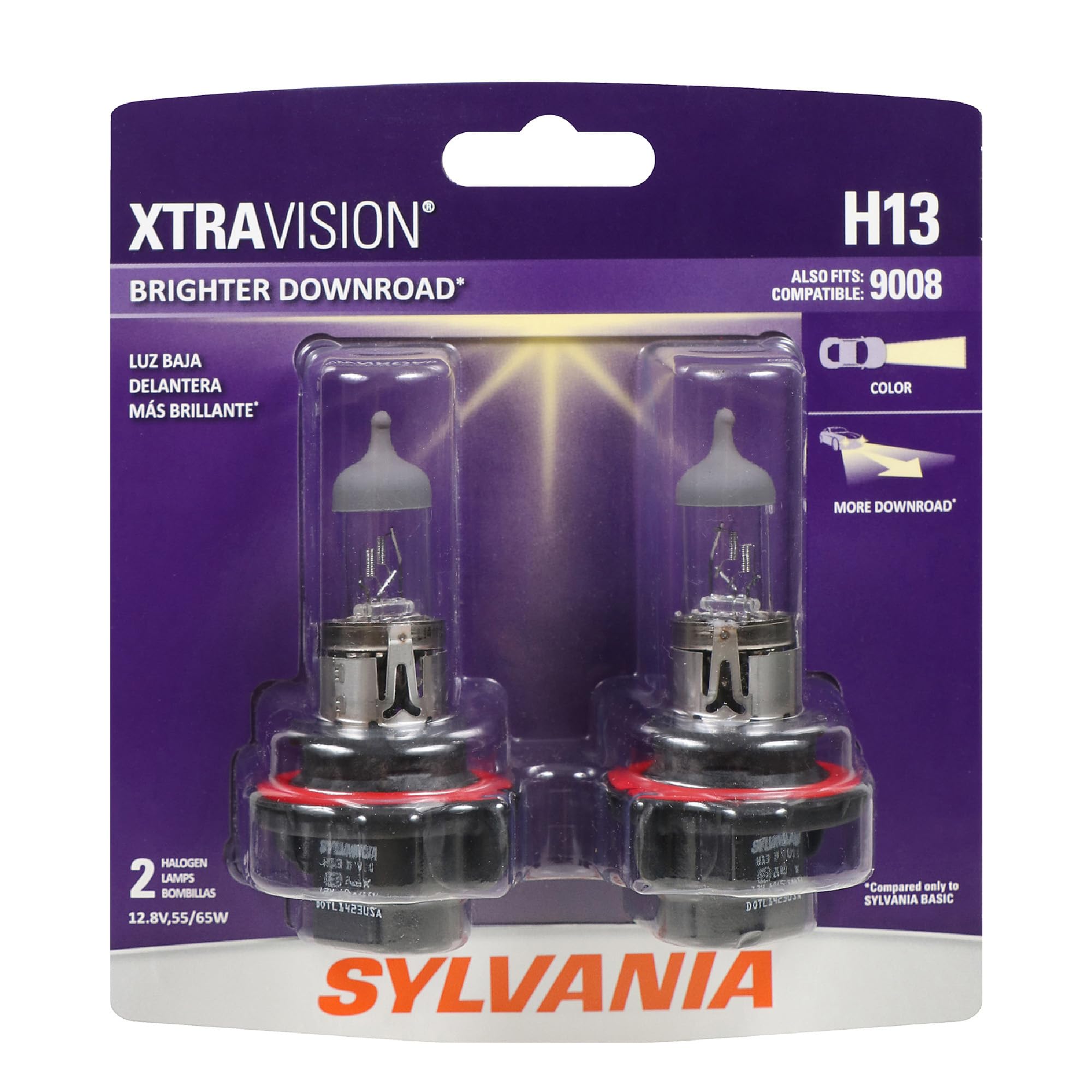 SYLVANIA H13 front packaging showing product and sizing benefit
