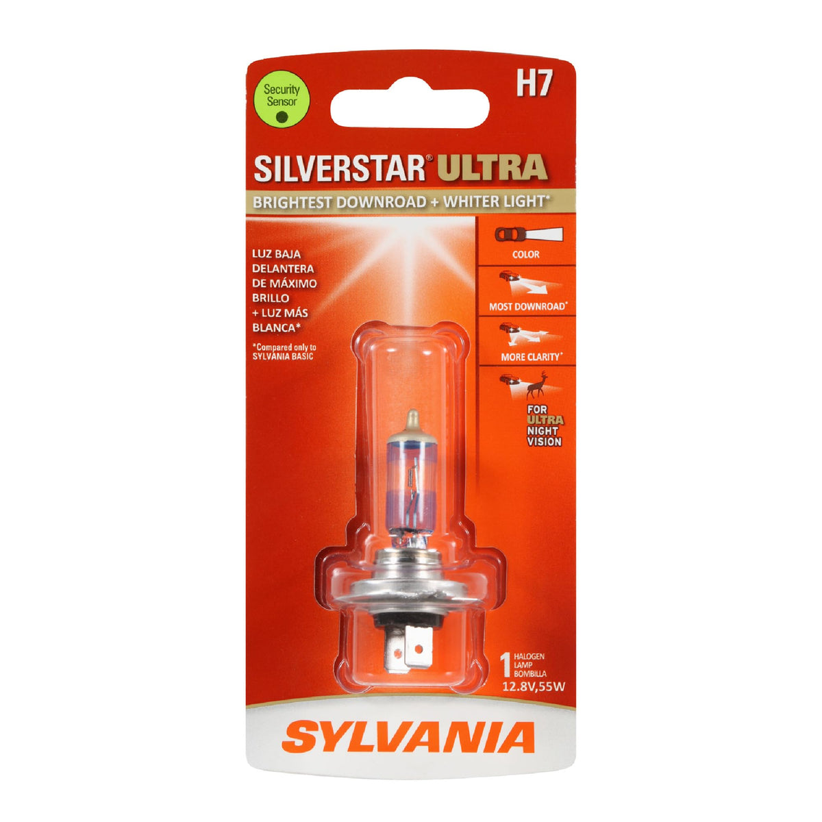 SYLVANIA H7 front packaging showing bulb and improved nighttime clarity