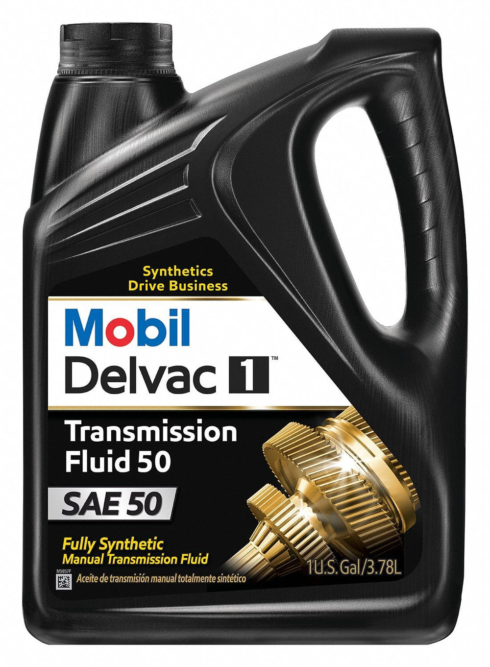 Sylvia Mobil Delvac Syn Transmission 50 one-gallon front label showing product and durability