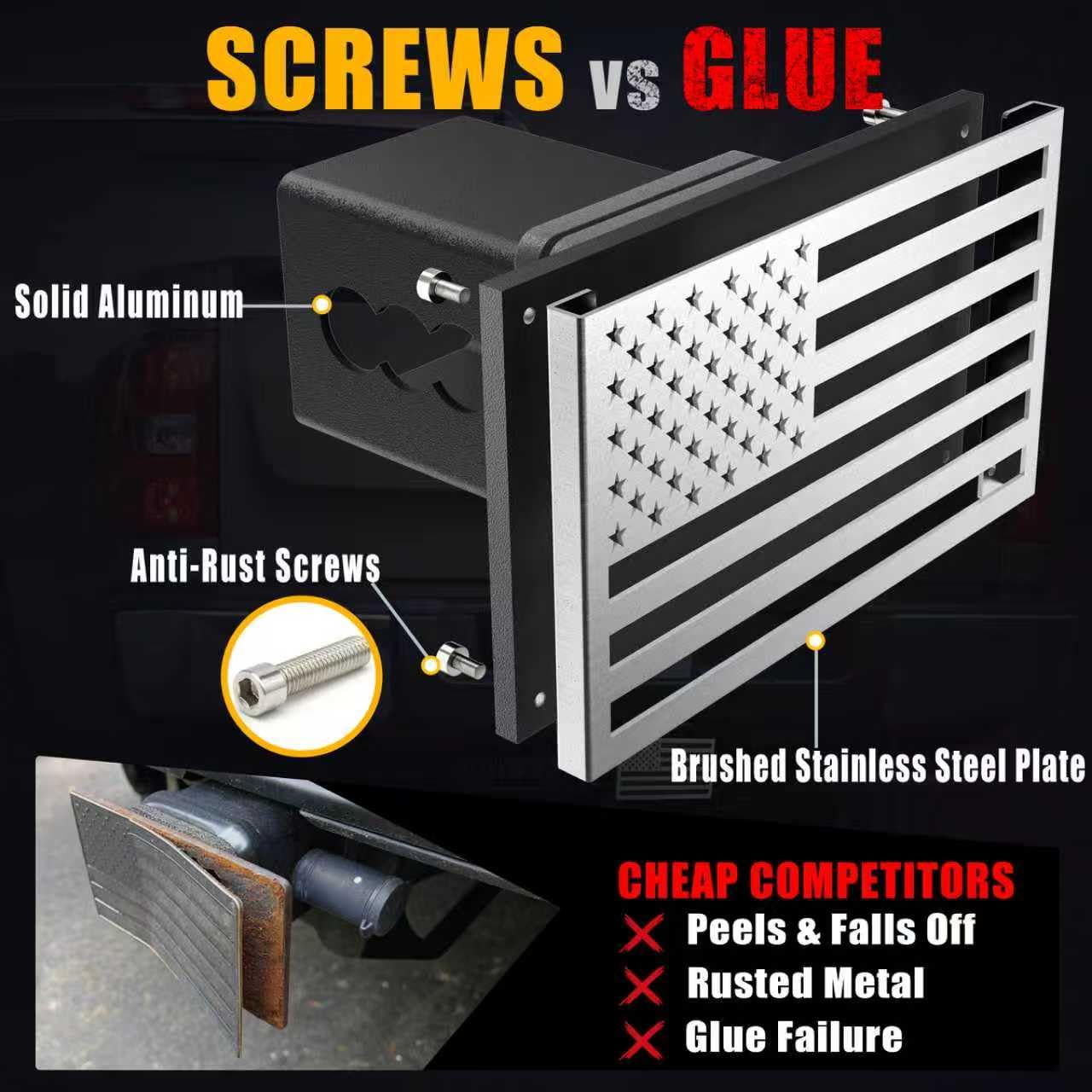 Synrroe detail of four M3 screws fastening flag to base for secure rust-resistant construction
