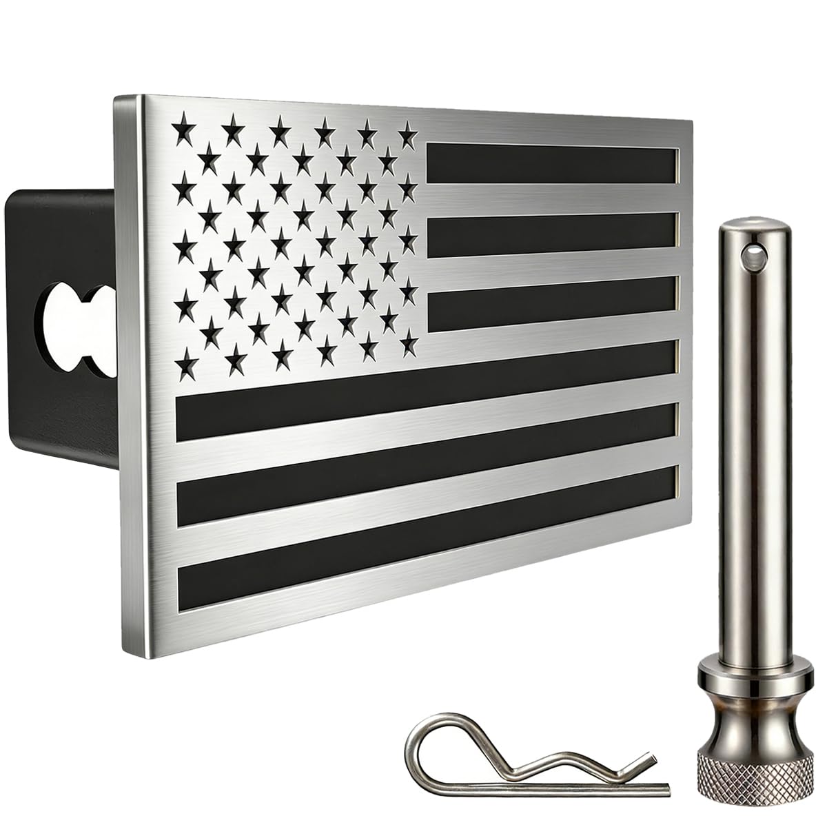 Synrroe front view of stainless steel flag hitch cover showing bold contrast and premium look
