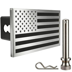 Synrroe front view of stainless steel flag hitch cover showing bold contrast and premium look