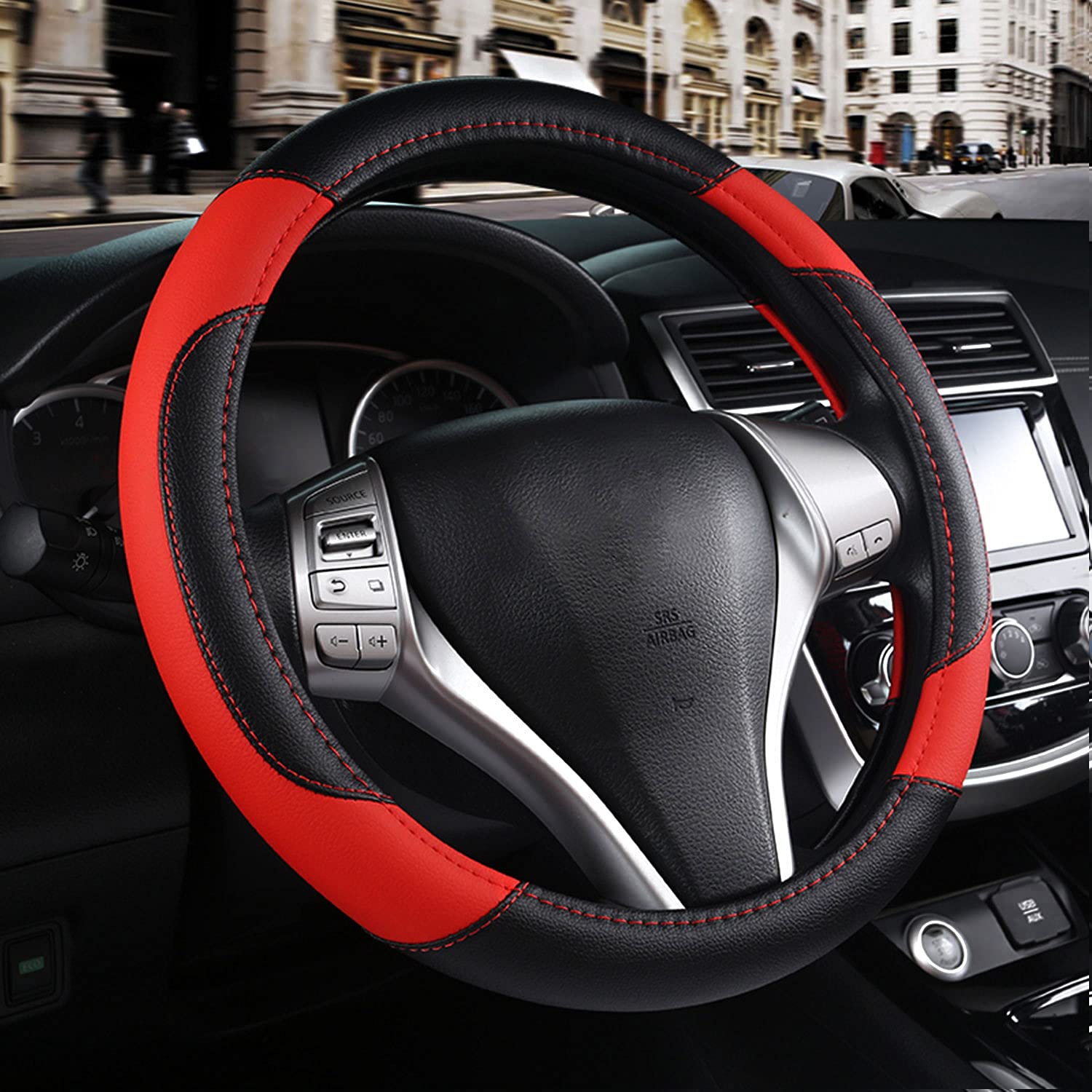 szttswamp front view of black and red steering wheel cover shows sporty look and easy fit