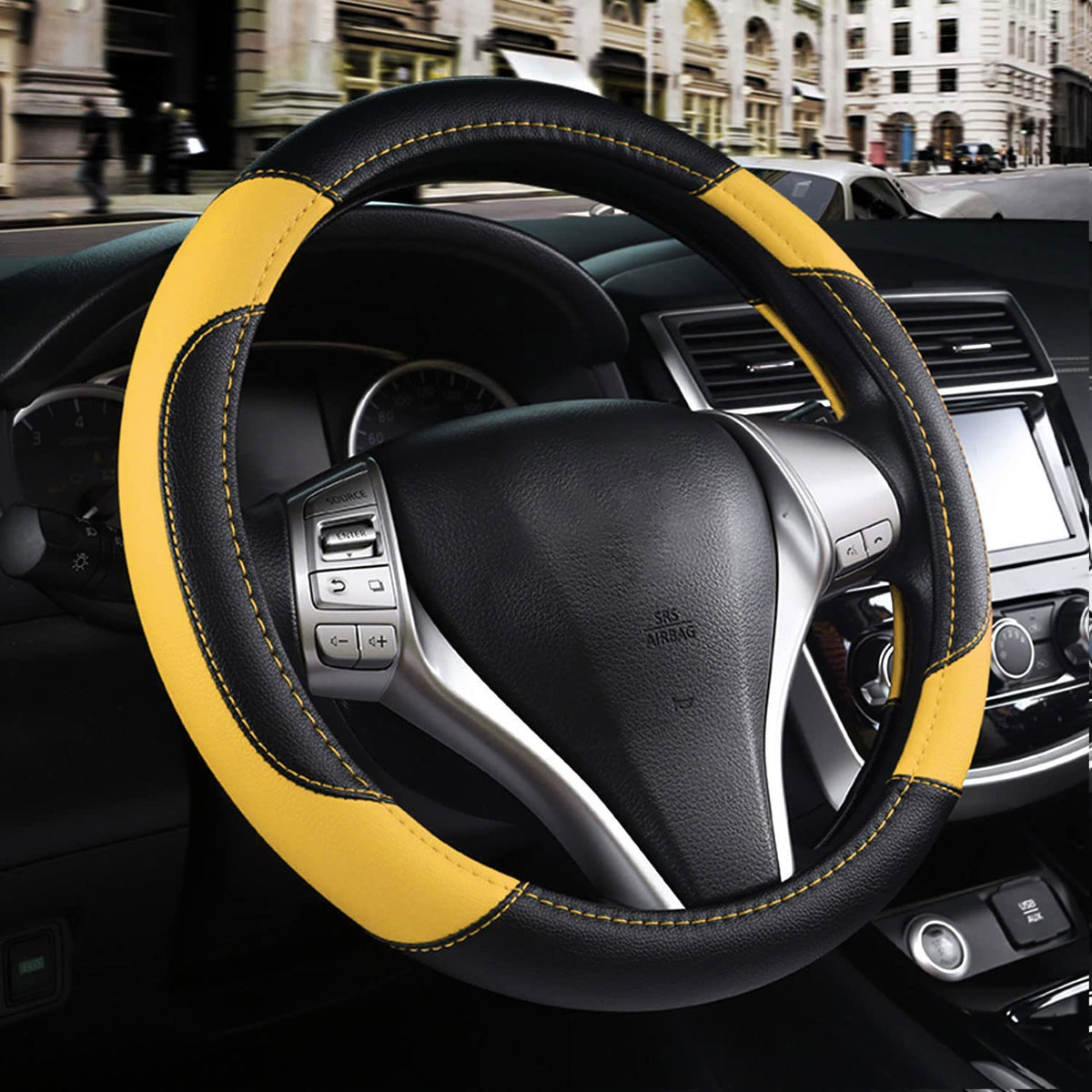 szttswamp front view showing black and yellow cover enhances car interior