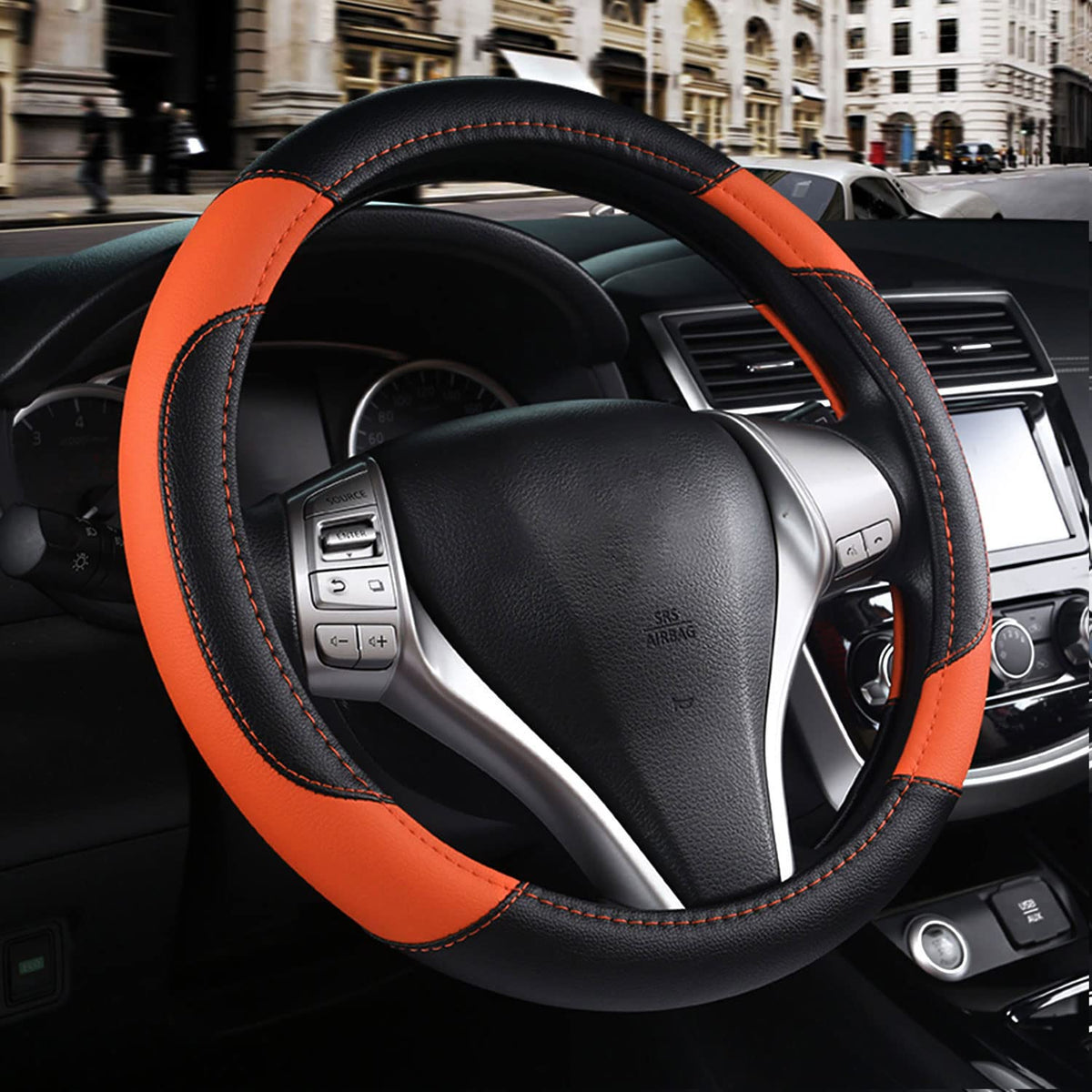 szttswamp front view of orange steering wheel cover showing full fit and style