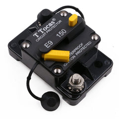 T Tocas front view of E9 150A breaker showing reset button and housing, easy identification