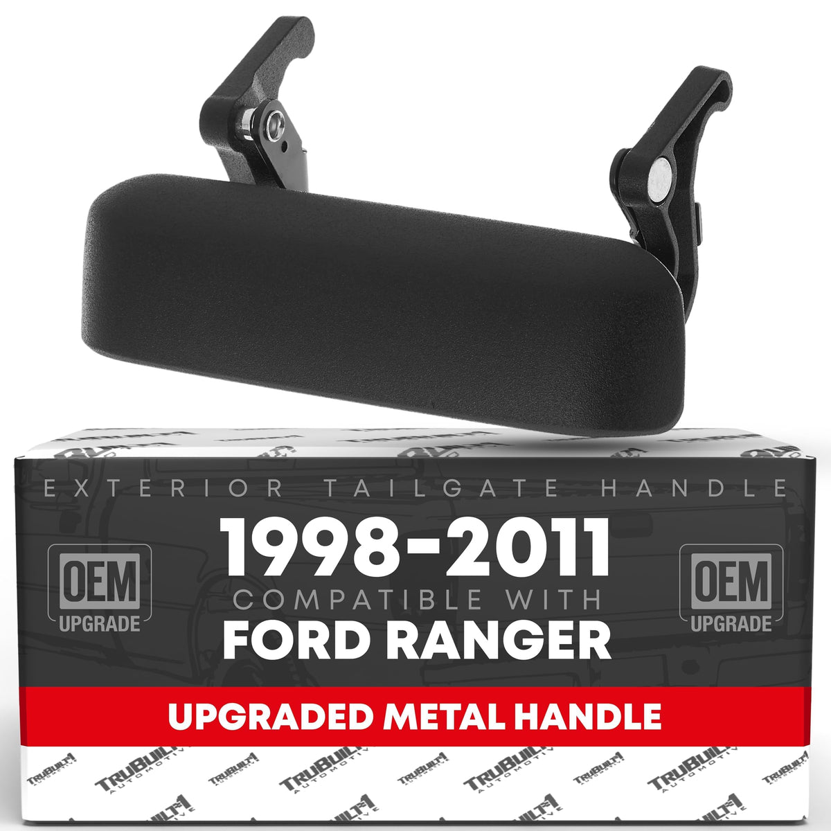 T1A tailgate handle front view showing textured black finish and OEM-fit