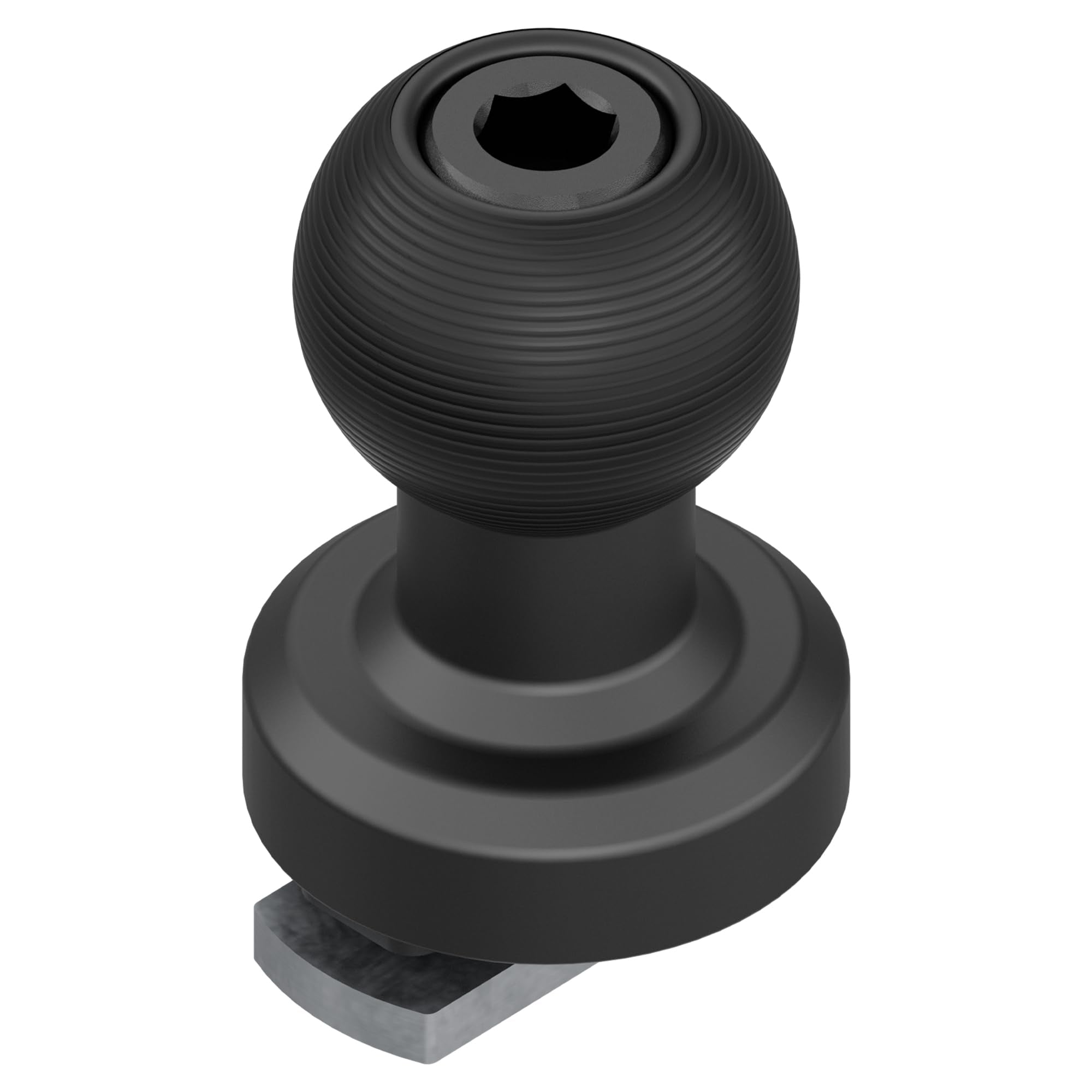 Tackform 20mm ball base front view showing compact black profile and secure fit
