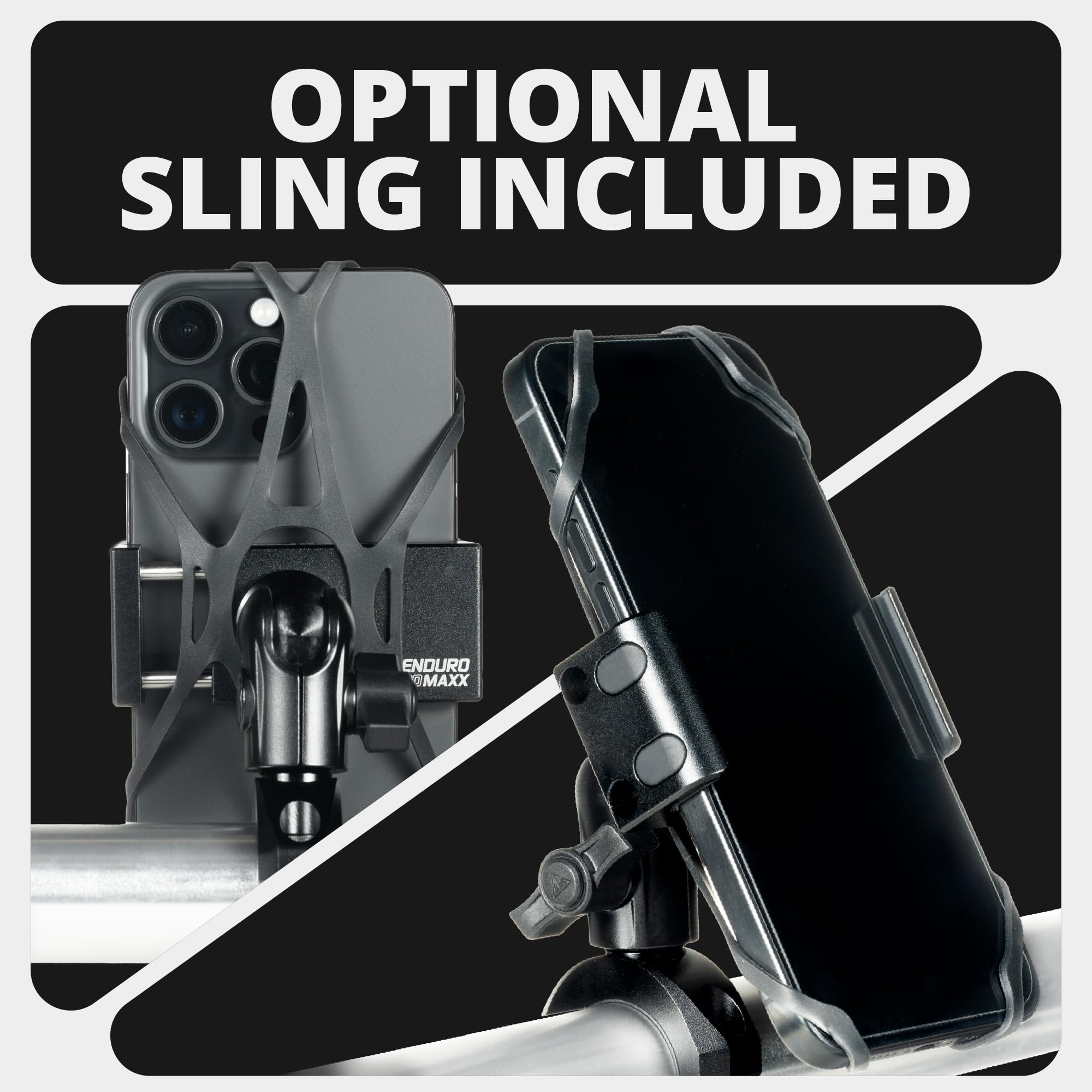 Tackform mount next to phone showing compact size and reach advantage