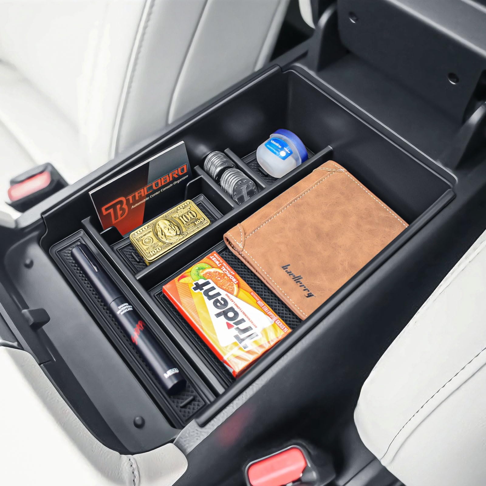 TACOBRO front view of center console tray showing exact OEM fit and organized storage