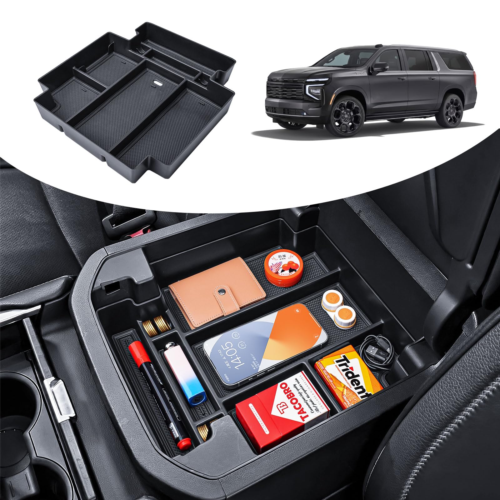 TACOBRO front view of console insert showing organized storage benefits