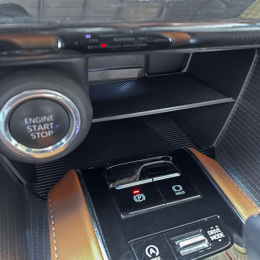 TACOBRO tray installed in Venza console illustrating tool-free fit and stability