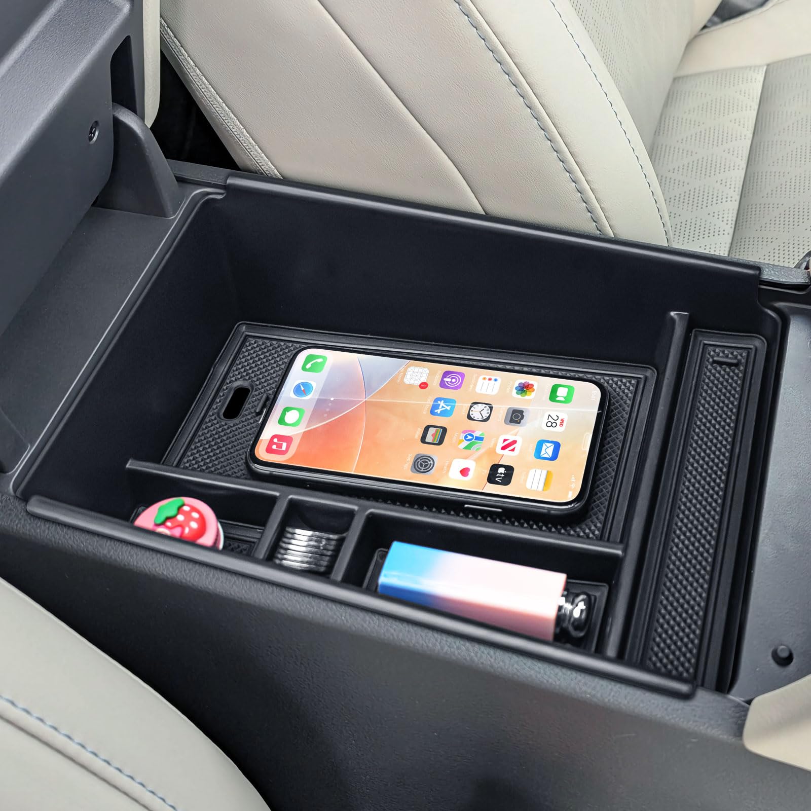TACOBRO tray filled with keys phone sunglasses showing convenient everyday organization