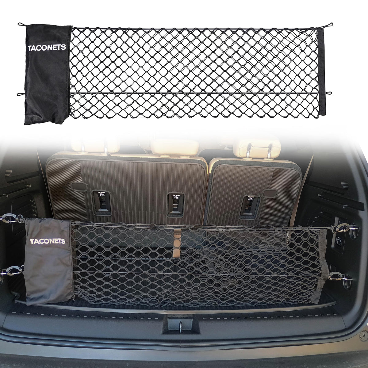 TacoNets front view installed in Acadia trunk showing secure fit and organization