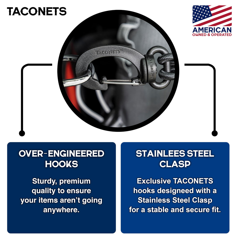 TacoNets folded in integrated storage bag for compact, easy stow benefit
