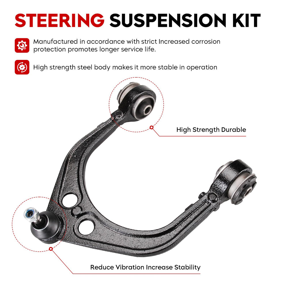 TadaMark front upper control arm closeup showing steel construction and reinforced joints for improved durability