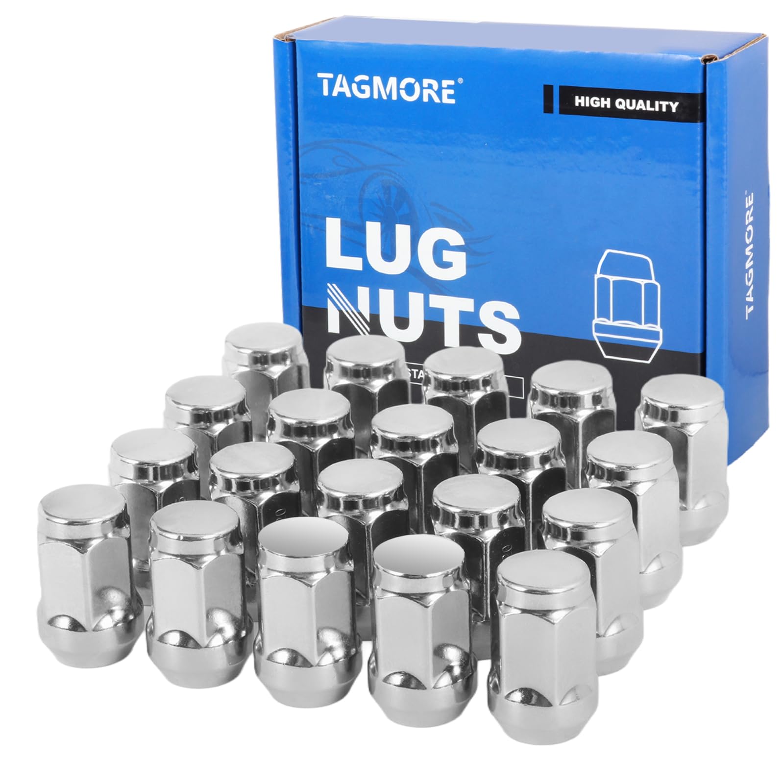 TAGMORE lug nuts front packaging view showing full 20-piece kit and benefits