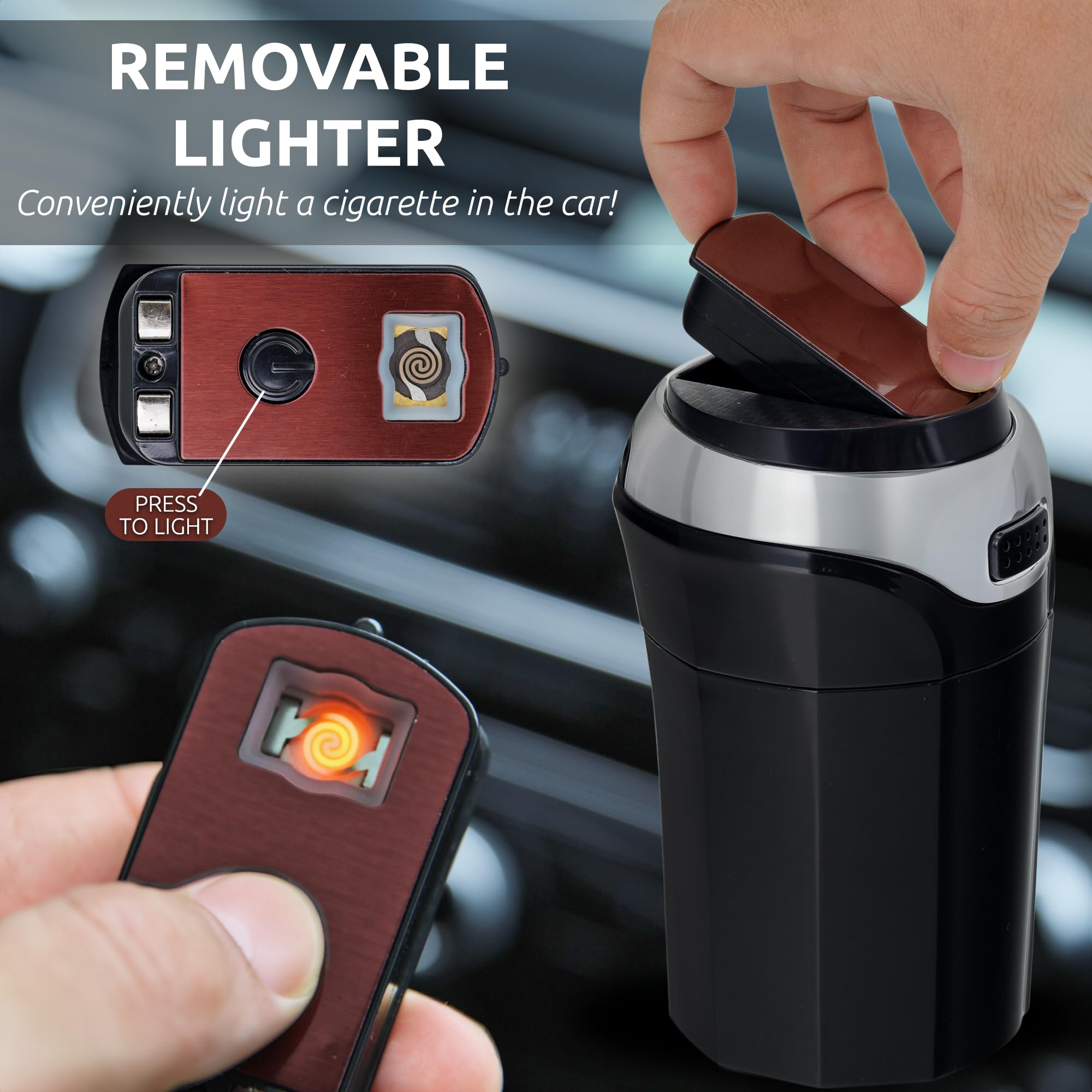TAKAVU ashtray in car cup holder demonstrating space-saving fit