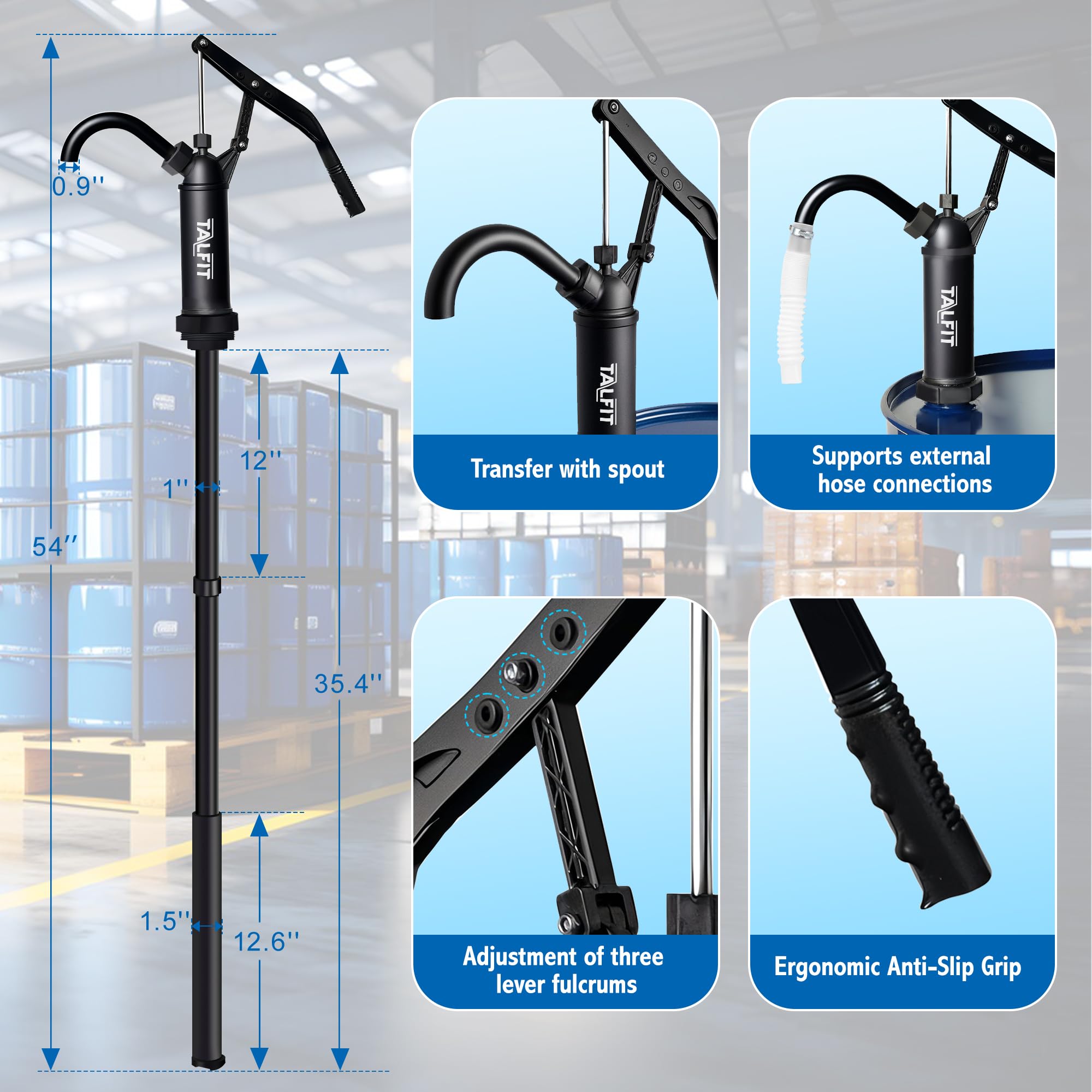 TALFIT pump beside ruler showing adjustable length and drum-fit versatility