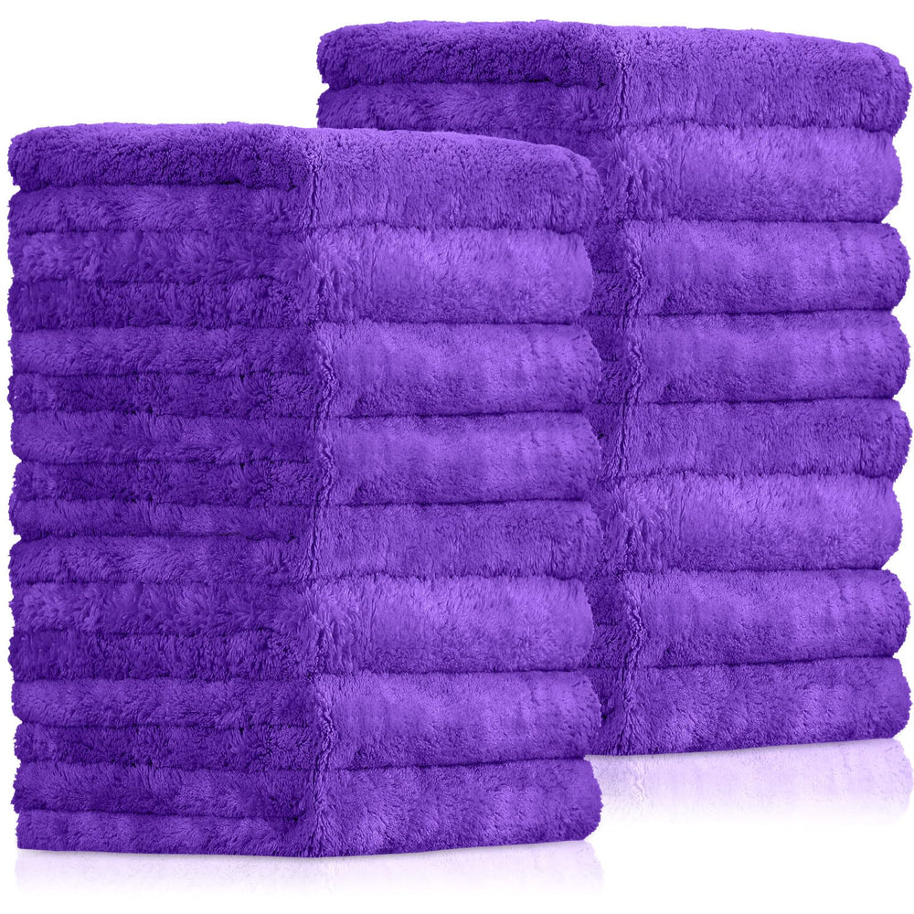 Tallew purple pack of 15 microfiber towels showing front packaging and quantity benefits