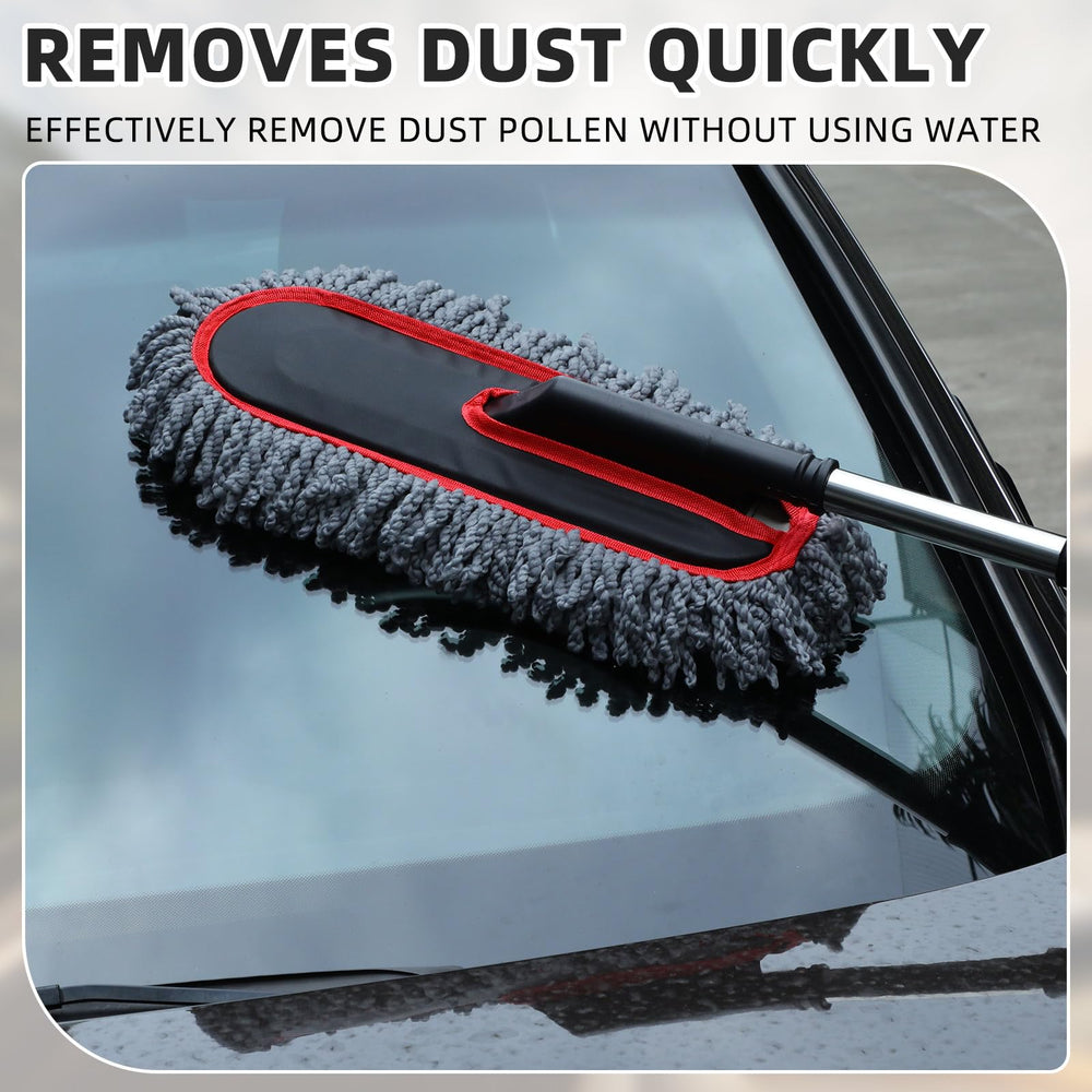 Tanlade duster resting on vehicle hood demonstrating scratch-free exterior dust removal