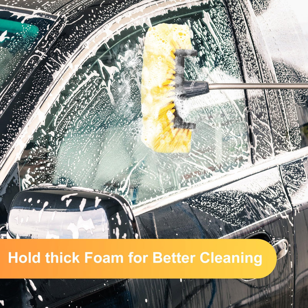 Tanlade brush in use on SUV exterior to speed up washing benefit