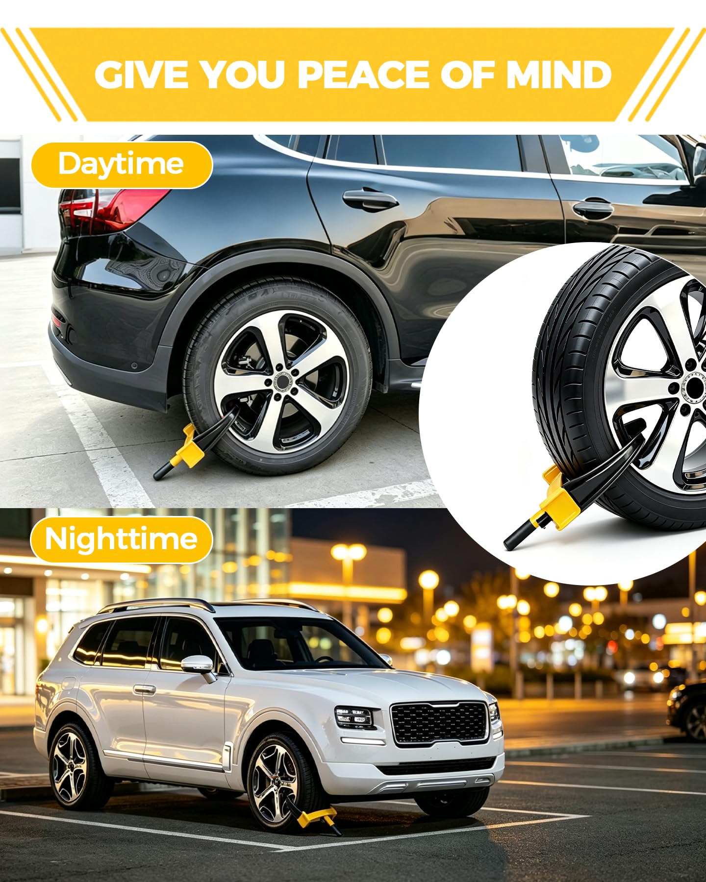 TANYO wheel lock on vehicle in parking lot providing clear theft deterrent and peace of mind