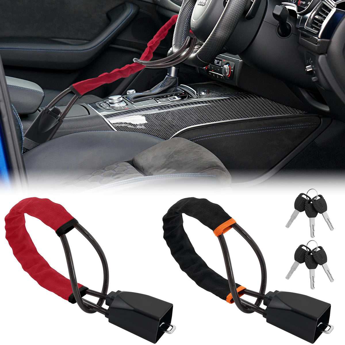 TaShow front view of two steering wheel locks showing compact kit and visibility benefit