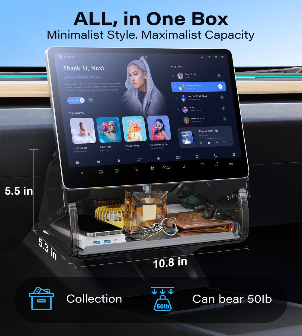 TAZENI installed beneath Tesla Model Y touchscreen offering discreet storage benefit
