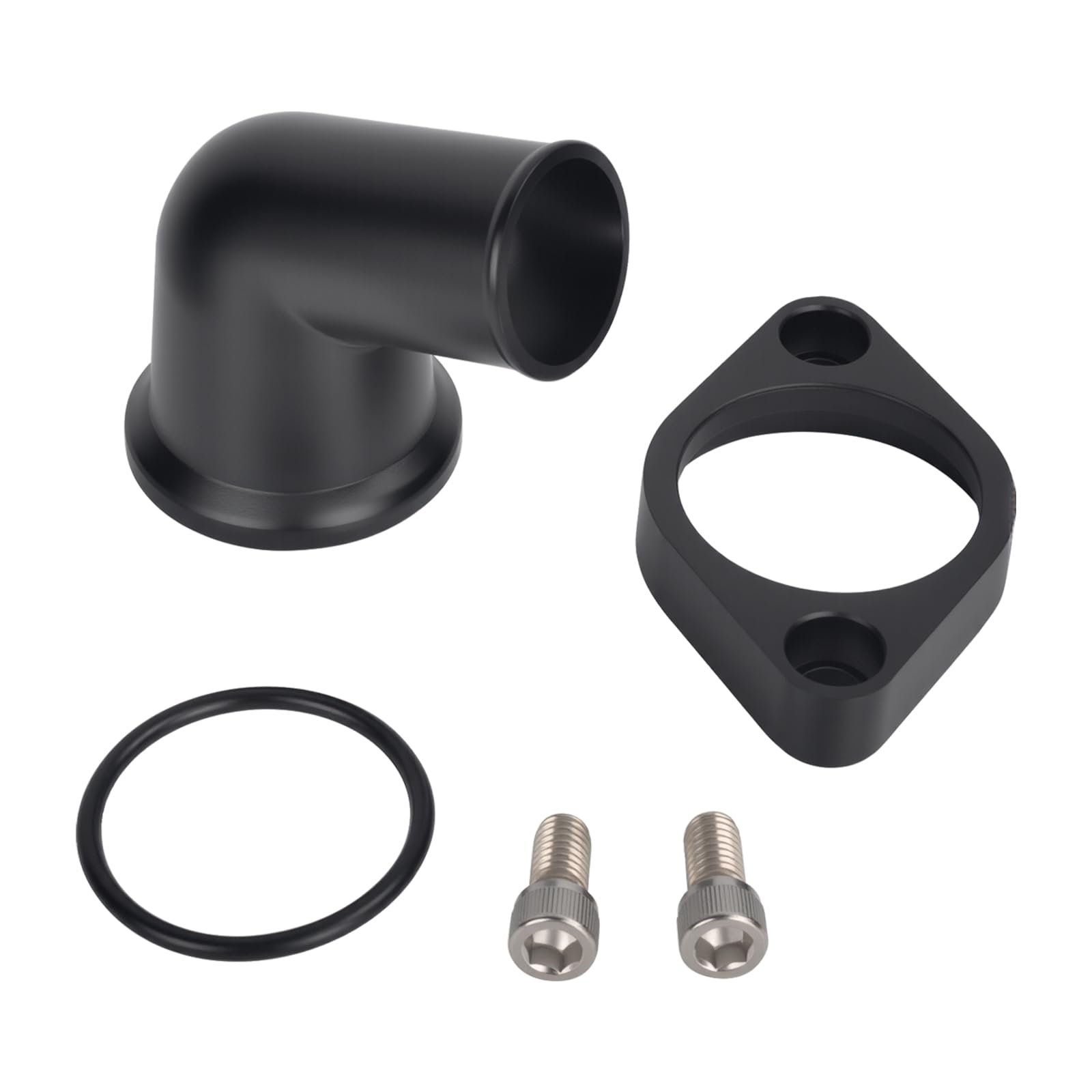 TBAPFS front view of black aluminum thermostat housing showing mounting flange and outlet benefits fitment