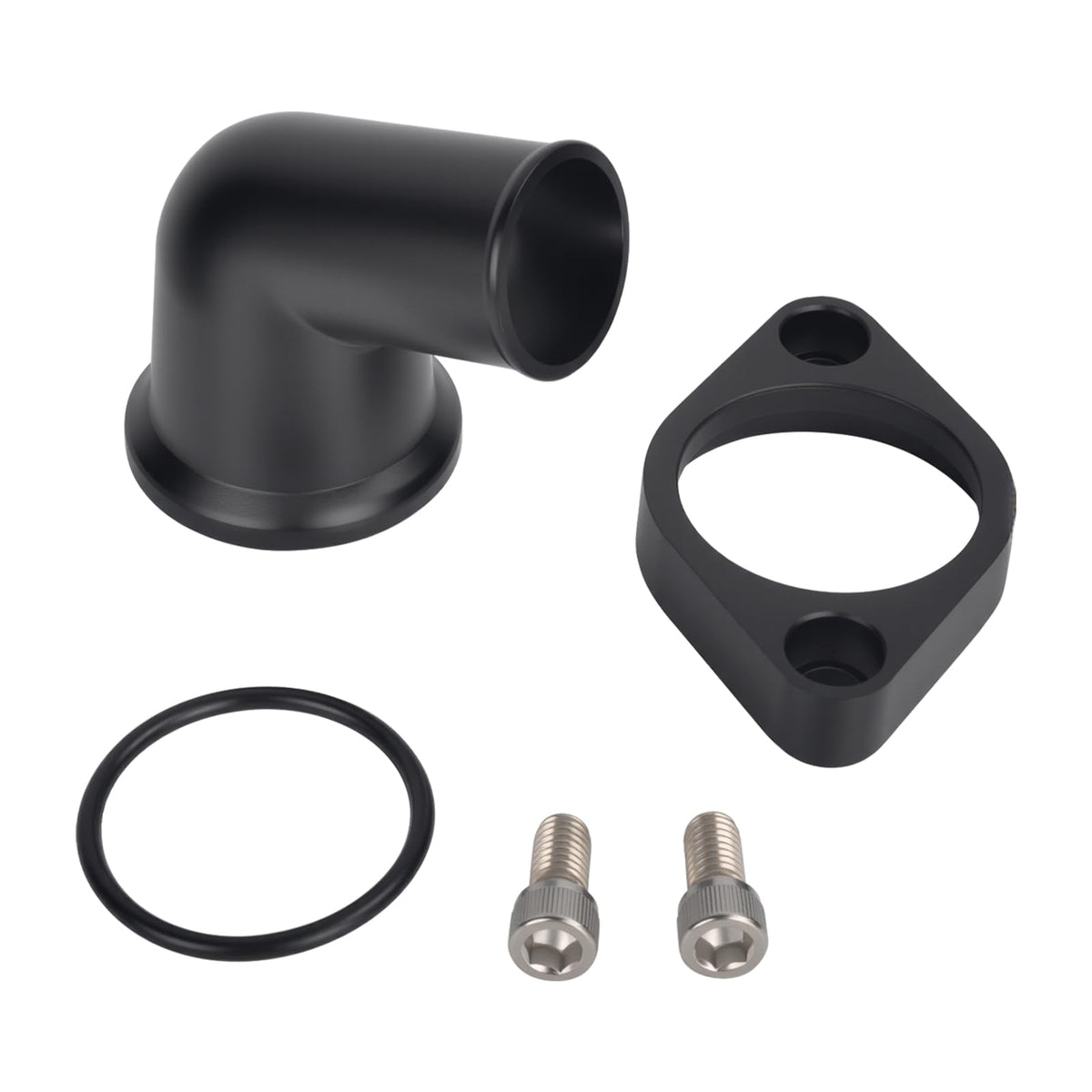TBAPFS front view of black aluminum thermostat housing showing mounting flange and outlet benefits fitment