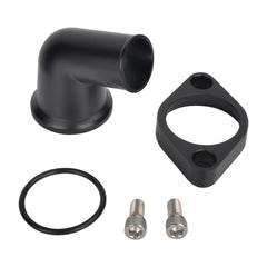 TBAPFS front view of black aluminum thermostat housing showing mounting flange and outlet benefits fitment