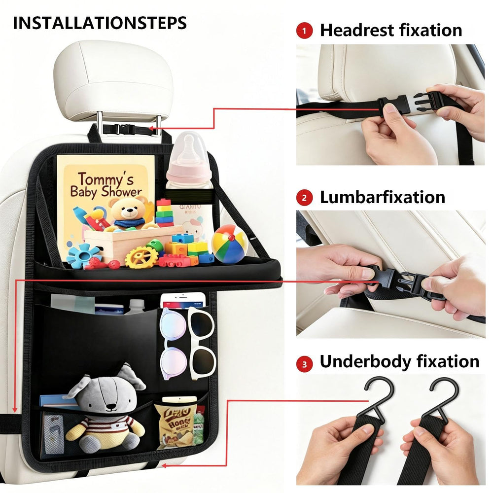 TCJJ organizer pockets filled with bottles and toys to improve in-car order