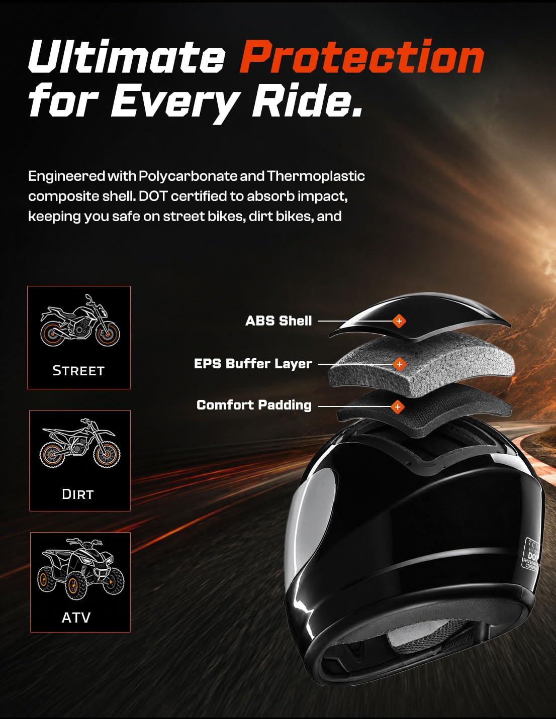 TCMT helmet side profile showing aerodynamic shape and reduced wind drag