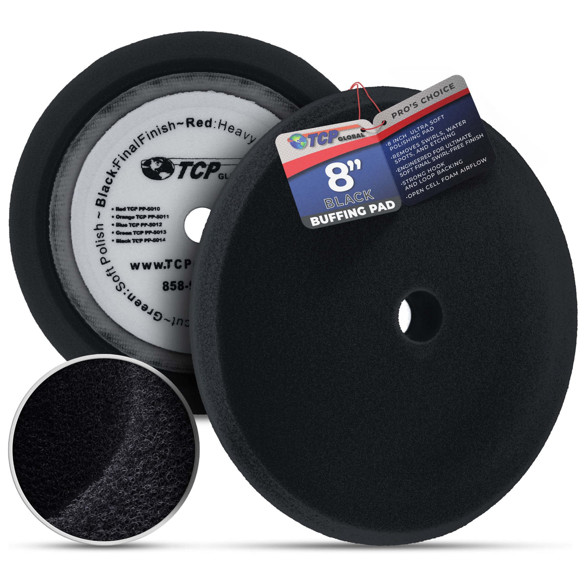 TCP Global front view of 8-inch black finishing pad showing soft foam and neat edge, ideal for even application