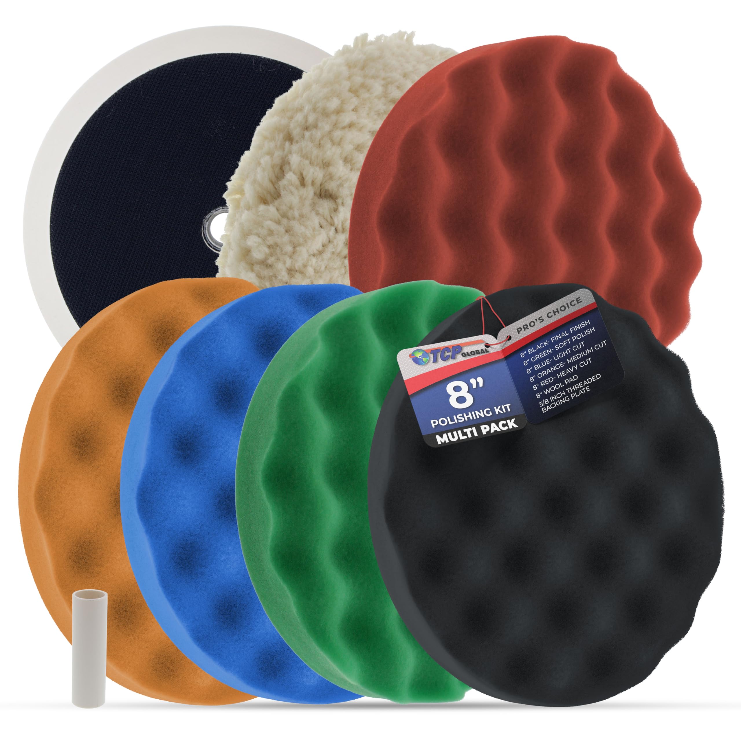 TCP Global front packaging showing six buffing and polishing pads benefit clear kit contents