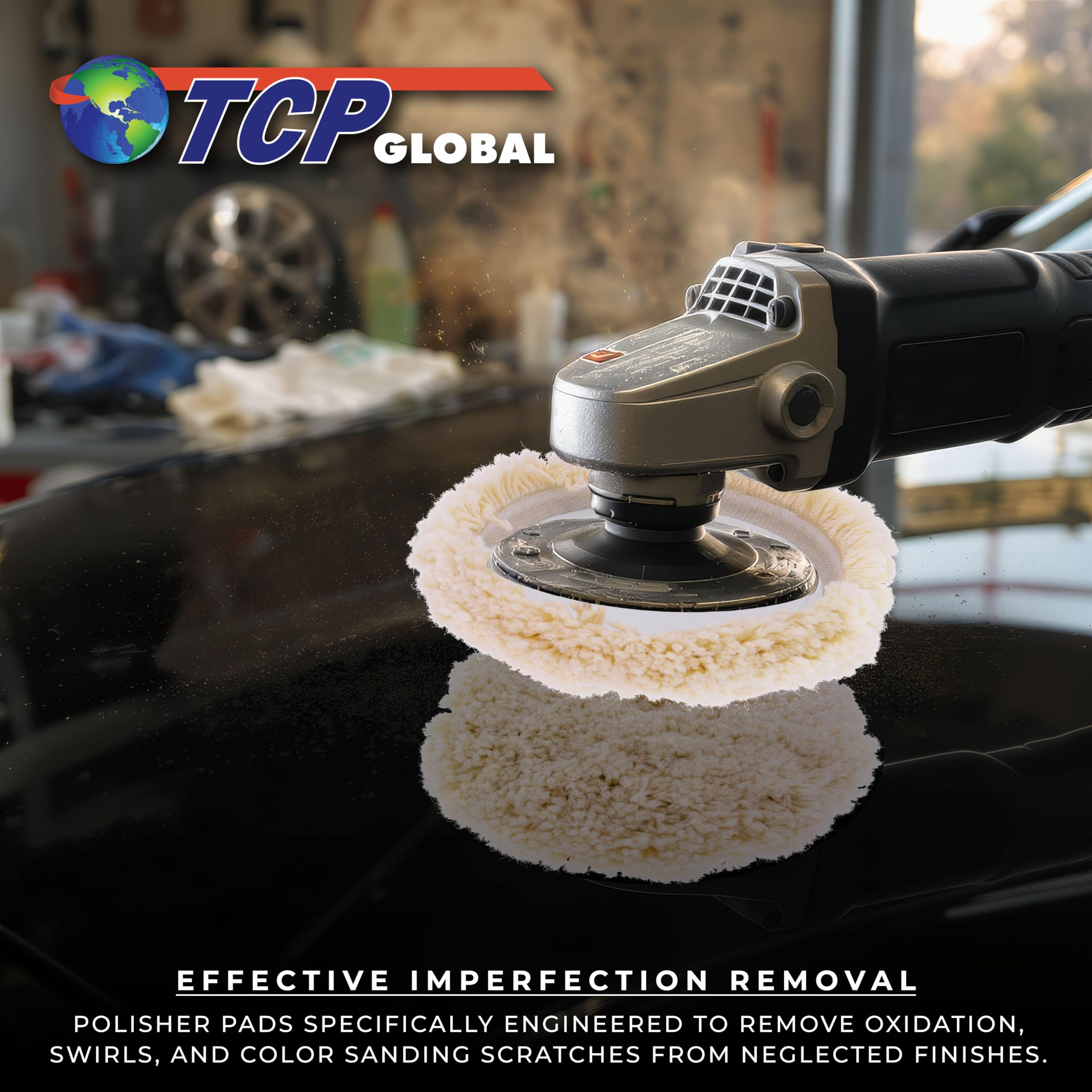 TCP Global pad in use on polisher removing oxidation to restore paint surface