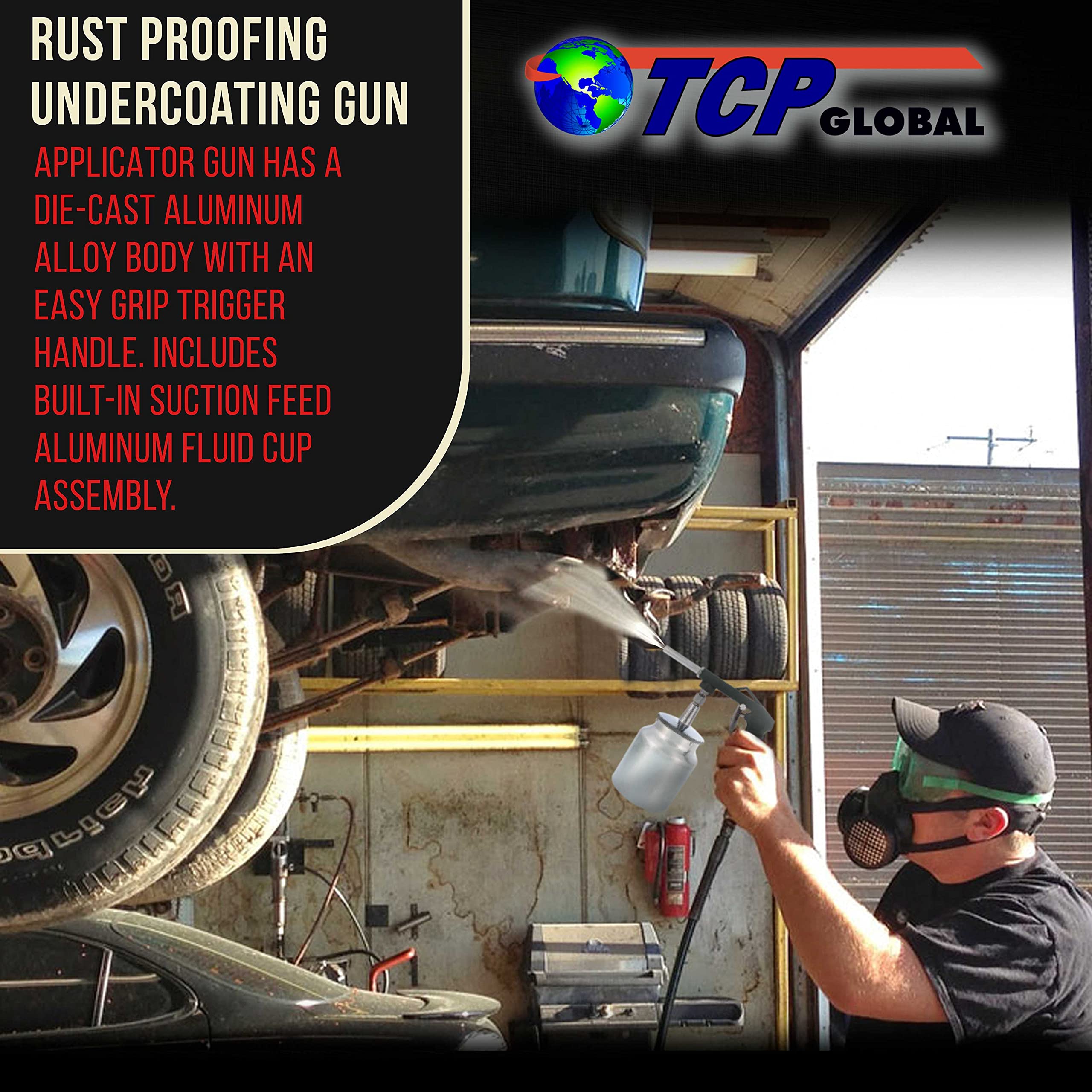 TCP Global spray gun in a garage conveying professional results for DIYers