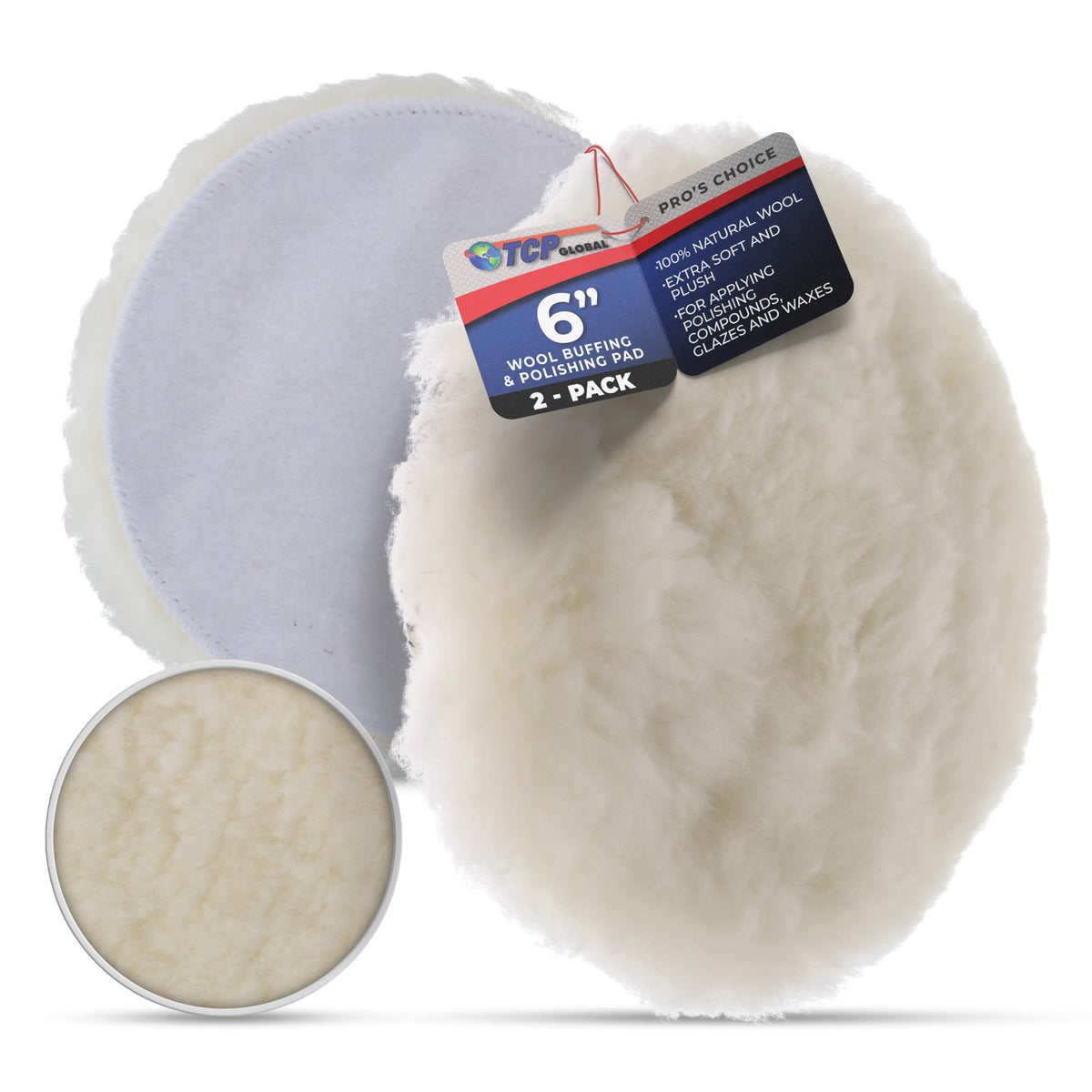 TCP Global front view of 6 inch wool pad showing plush pile and even edge for smooth finish