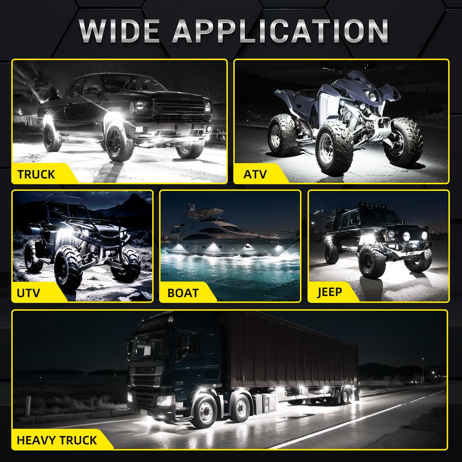 undercarriage lit by TDE Explorer.Lighting pods at night, improves ground visibility for safer driving