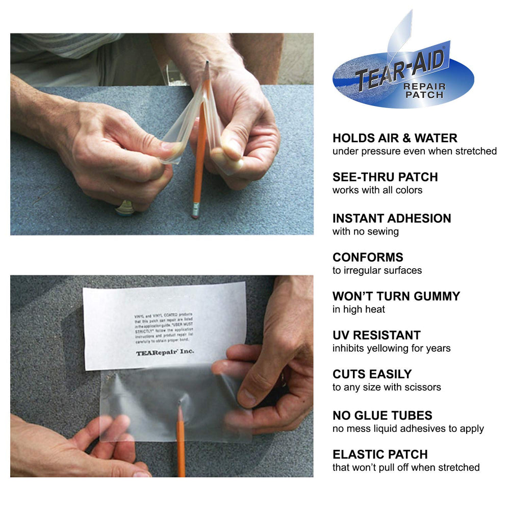 Applying TEAR-AID Type B patch to a vinyl boat seat demonstrating strong, flexible bond
