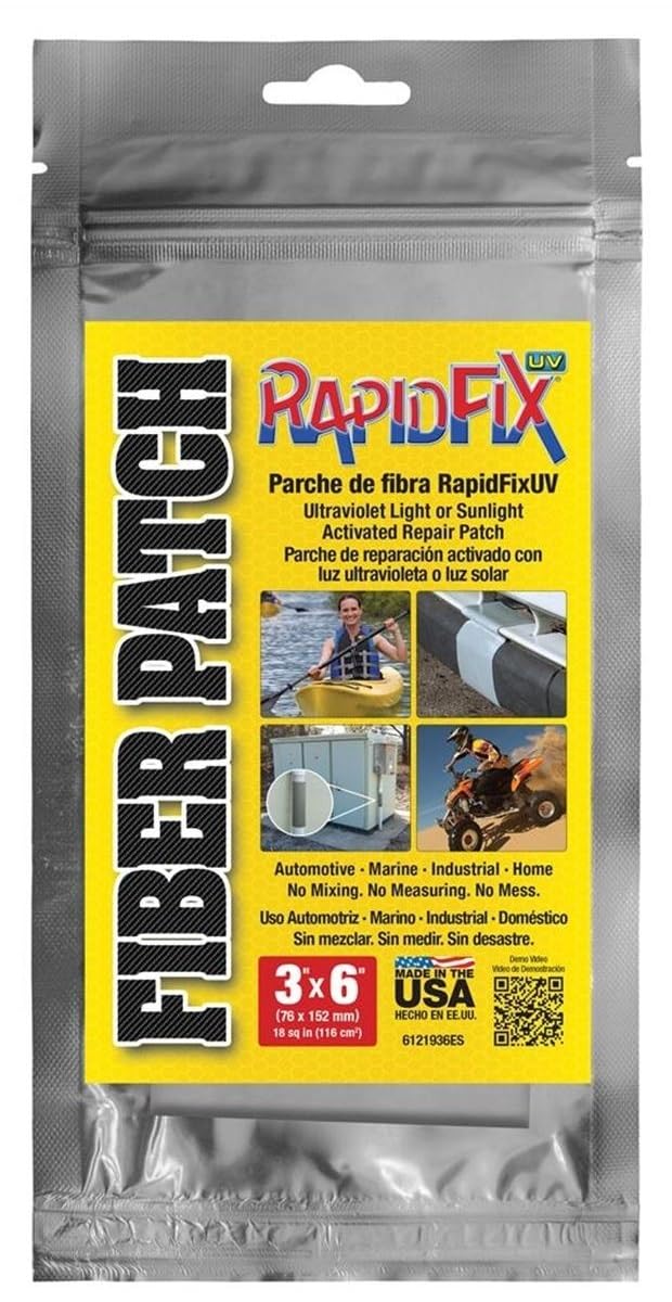 Tear Mender front view of 3x6 RapidFix patch showing adhesive backing and label, durable repair